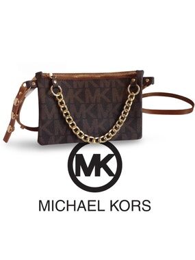 ✨ Authentic Michael Kors Signature Monogram Chain Accent Belt Bag - Style 554131